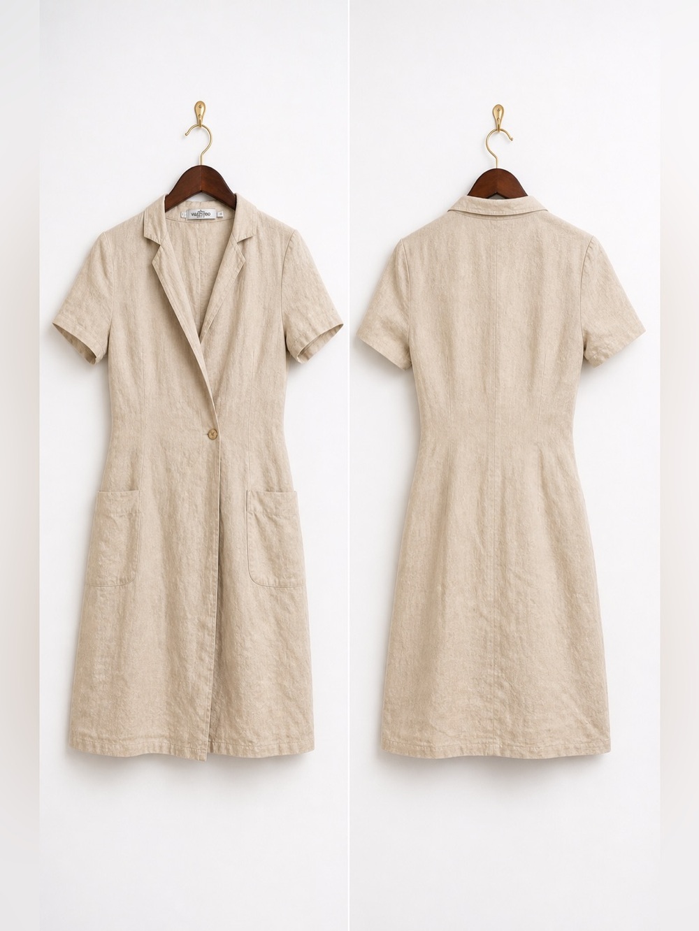 Valentino Miss V VTG Linen Beige Minimalist Size 4 IT38 Tailored Wrap Dress